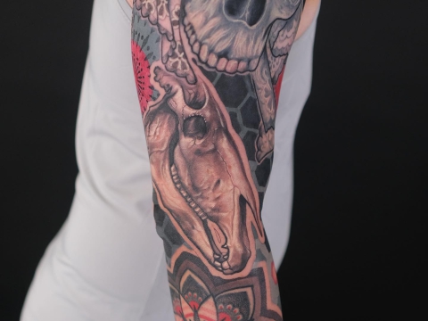 Hình xăm Hình học kết hợp với tả thực Đầu lâu Ngựa. Cánh tay của Johhny